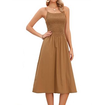 Spaghetti Strap Dress for Women Smocked A Line Swing Flowy Summer Beach Midi Dresses