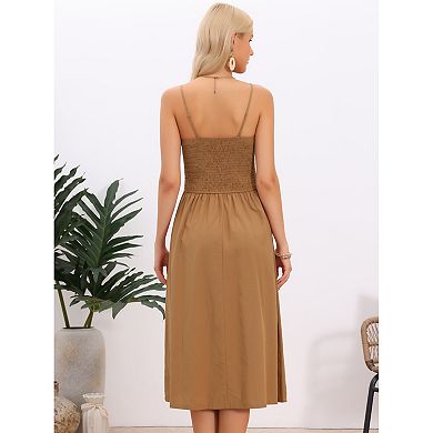 Spaghetti Strap Dress for Women Smocked A Line Swing Flowy Summer Beach Midi Dresses