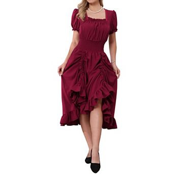 Victorian Dress for Women Renaissance Costume Smocked Waist Ruffle Midi Dress