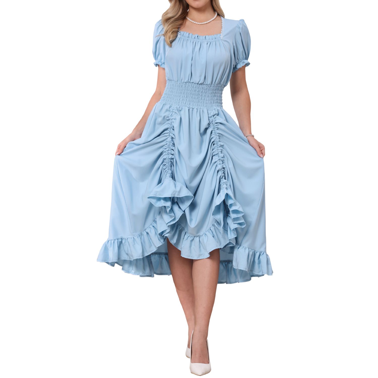 Женские платья Victorian Dress for Women Renaissance Costume Smocked Waist Ruffle Midi Dress