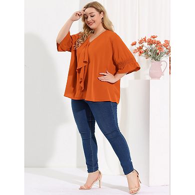 Women's Plus Size Tops V Neck Smocked Sleeve Ruffle Blouse Summer Tops