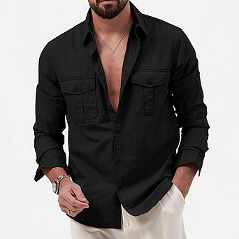 Men's multi-pocket casual shirt long-sleeved loose-fitting top versatile for everyday commuting