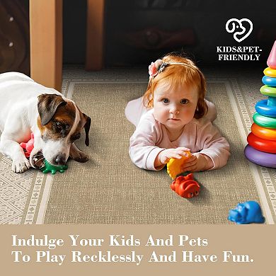 Modern Neutral Bordered Area Rugs, Soft Washable Non Slip Solid Geometric Large Throw Carpet