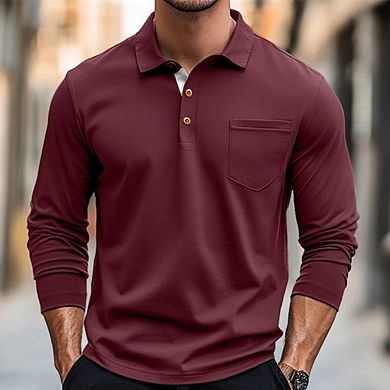 Men's Retro Collared Polo Shirt Casual Long Sleeve Cotton Breathable Versatile Top