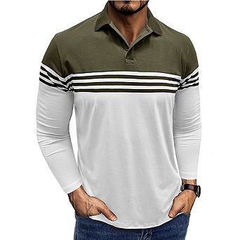 Men's Striped Color Block Polo Shirt Collared Long Sleeve Cotton Breathable Casual Top