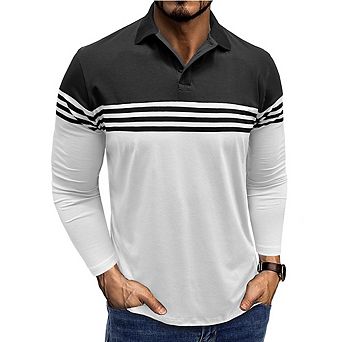 Men's Striped Color Block Polo Shirt Collared Long Sleeve Cotton Breathable Casual Top