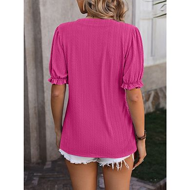 Women's Casual Short Puff Sleeves Blouses T-Shirts V Neck Cute Solid Knit Textured Casual Tops