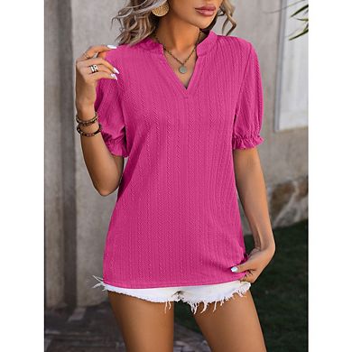 Women's Casual Short Puff Sleeves Blouses T-Shirts V Neck Cute Solid Knit Textured Casual Tops