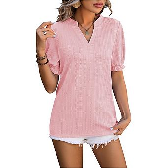 Women's Casual Short Puff Sleeves Blouses T-Shirts V Neck Cute Solid Knit Textured Casual Tops