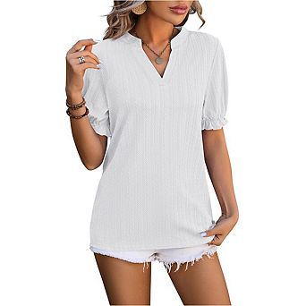 Women's Casual Short Puff Sleeves Blouses T-Shirts V Neck Cute Solid Knit Textured Casual Tops