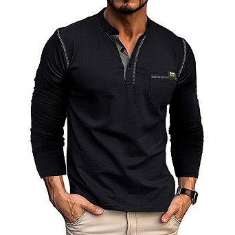 Men's Classic Henley Shirt Color Block Button Placket Casual Long Sleeve T-Shirt
