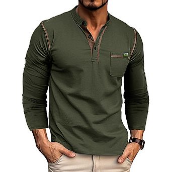 Men's Classic Henley Shirt Color Block Button Placket Casual Long Sleeve T-Shirt