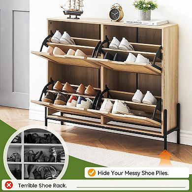 Rattan Shoe Cabinet with 4 Flip Drawers Adjustable Shelves Storage Organizer