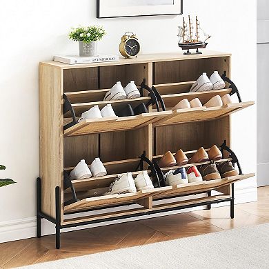 Rattan Shoe Cabinet with 4 Flip Drawers Adjustable Shelves Storage Organizer