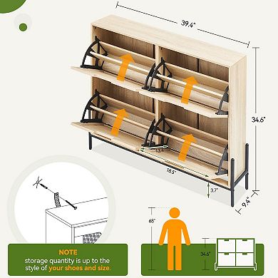 Rattan Shoe Cabinet with 4 Flip Drawers Adjustable Shelves Storage Organizer