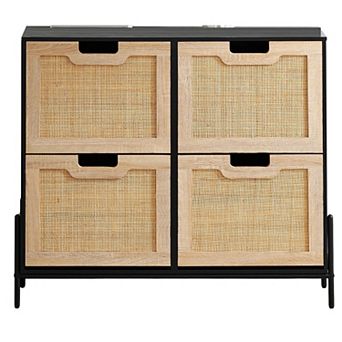 Shoe Cabinet w/4 Flip Drawers, Rattan Shoe Organizer w/Metal Legs, Freestanding Shoe Rack Cabinet