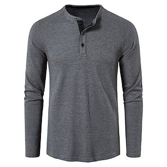 Men's Henley Neck Waffle Knit T-Shirt Long Sleeve with Buttons Breathable Casual Top