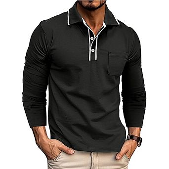 Men's Business Casual Polo Shirt Collared with Buttons High-Count Cotton Slim Fit Long Sleeve
