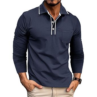 Men's Business Casual Polo Shirt Collared with Buttons High-Count Cotton Slim Fit Long Sleeve