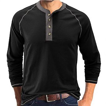Men's Autumn Henley Shirt Long-Sleeved Crew Neck Button-Up Top Pure Cotton Undershirt Casual T-Shirt