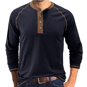 Men's Autumn Henley Shirt Long-Sleeved Crew Neck Button-Up Top Pure Cotton Undershirt Casual T-Shirt