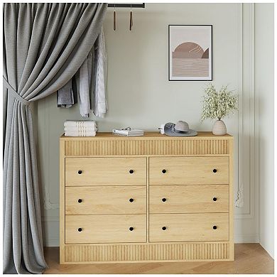 6 Drawer Dresser for Bedroom, Wooden Fluted Chest of Drawers, Modern Oak Storage Organizer