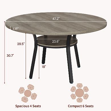 47 Inch Round Dining Table with Storage Shelf - Metal Legs, Seats 4-6, Modern Space-Saving Table