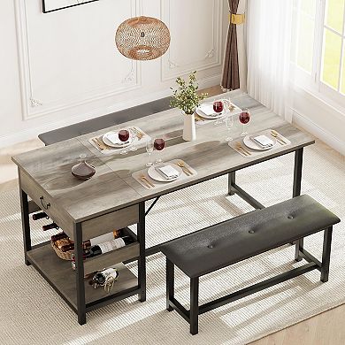 Space-Saving Dining Table Set for 4 with PU Leather Upholstered Benches,Drawers & Built-in Wine Rack