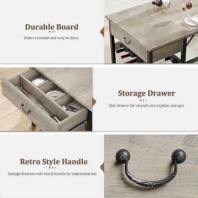 Space-Saving Dining Table Set for 4 with PU Leather Upholstered Benches,Drawers & Built-in Wine Rack