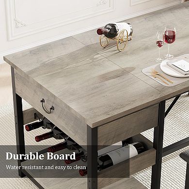 Space-Saving Dining Table Set for 4 with PU Leather Upholstered Benches,Drawers & Built-in Wine Rack