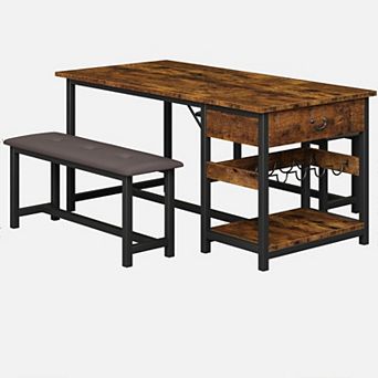 Space-Saving Dining Table Set for 4 with PU Leather Upholstered Benches,Drawers & Built-in Wine Rack