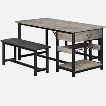 Space-Saving Dining Table Set for 4 with PU Leather Upholstered Benches,Drawers & Built-in Wine Rack