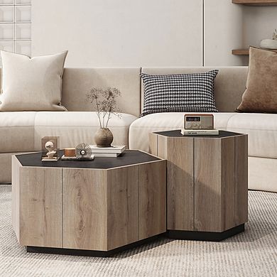 Coffee Table Hexagonal Wood Rural Style Table With 2 Storage Drawers Center Table For Living Room