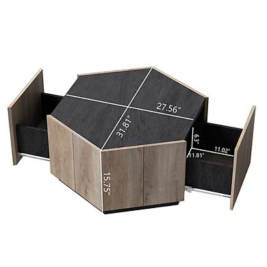 Coffee Table Hexagonal Wood Rural Style Table With 2 Storage Drawers Center Table For Living Room