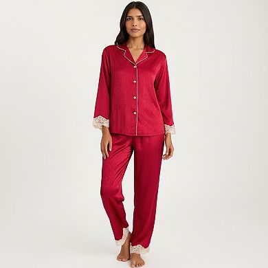 Women's 2-Piece Set Satin Button Front Pajama Top and Matching Elastic Waist Pants