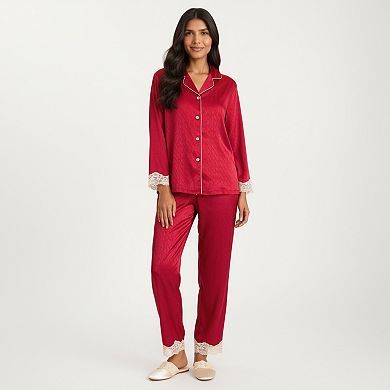 Women's 2-Piece Set Satin Button Front Pajama Top and Matching Elastic Waist Pants