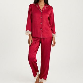 Women's 2 pc Set Satin Button Front Pajama Top and Matching Elastic Waist Pants