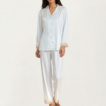 Women's 2 pc Set Satin Button Front Pajama Top and Matching Elastic Waist Pants