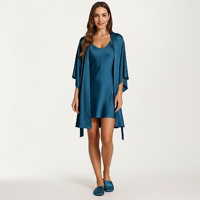 Women's 2-Piece Set Satin Slip Dress and Open Front Robe with Flowing Draped Sleeves