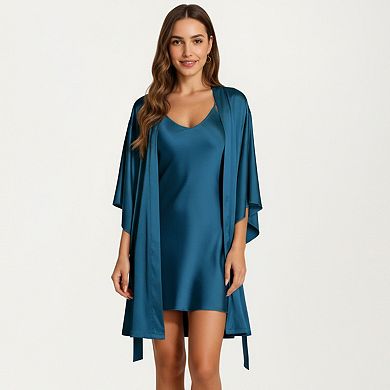 Women's 2-Piece Set Satin Slip Dress and Open Front Robe with Flowing Draped Sleeves