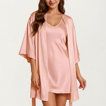 Women's 2 pc Set Satin Slip Dress and Open Front Robe with Flowing Draped Sleeves