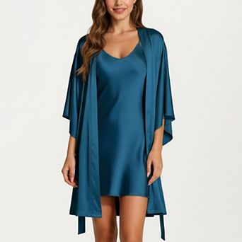 Women's 2 pc Set Satin Slip Dress and Open Front Robe with Flowing Draped Sleeves