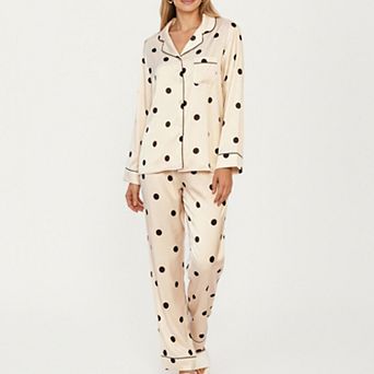 Women's 2 pc Set Satin Polka Dot Pajama Top with Contrast Piping and Matching Straight-Leg Pants