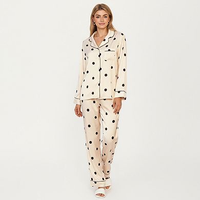 Women's 2-Piece Set Satin Polka Dot Pajama Top with Contrast Piping and Matching Straight-Leg Pants