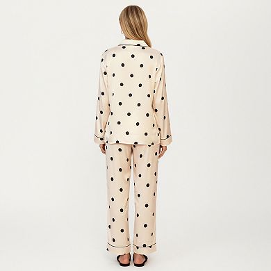 Women's 2-Piece Set Satin Polka Dot Pajama Top with Contrast Piping and Matching Straight-Leg Pants