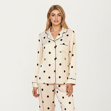 Women's 2-Piece Set Satin Polka Dot Pajama Top with Contrast Piping and Matching Straight-Leg Pants