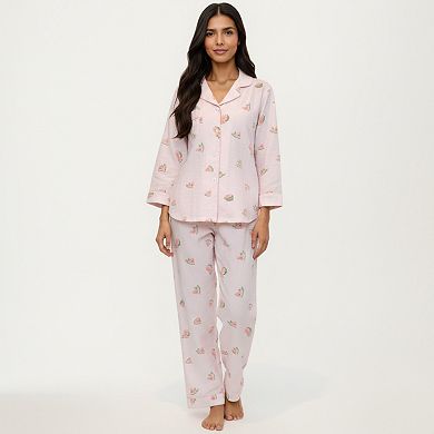 Women's 2-Piece Set Heart Print Button Front Pajama Top and Matching Elastic Waist Pants