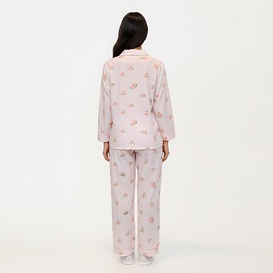 Women's 2-Piece Set Heart Print Button Front Pajama Top and Matching Elastic Waist Pants