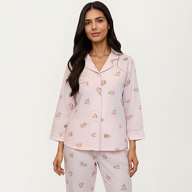 Women's 2-Piece Set Heart Print Button Front Pajama Top and Matching Elastic Waist Pants