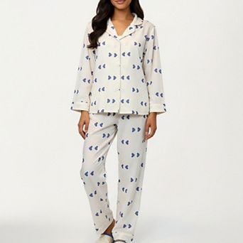 Women's 2 pc Set Heart Print Button Front Pajama Top and Matching Elastic Waist Pants